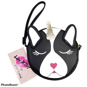 Betsey Johnson Black White Unicorn Boston Terrier Dog Clutch Wristlet Purse